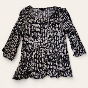 Roz & Ali‎ Women Abstract Print V Neck 3/4 Sleeve Tunic Top Size S Black White